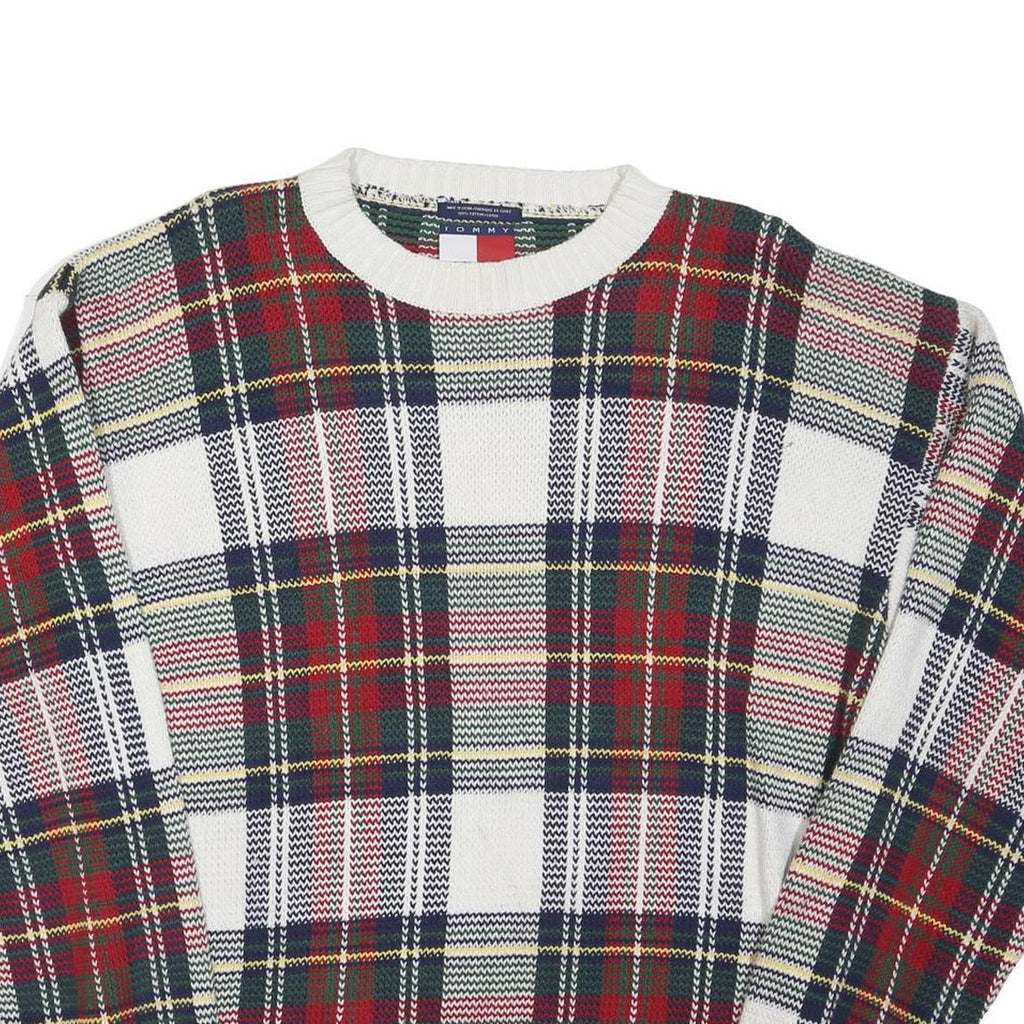 TOMMY HILFIGER Mens White Red Check Patterned Cotton Blend Jumper M Classic Crew