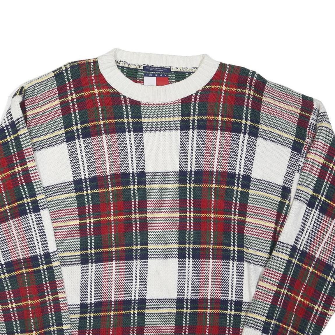 TOMMY HILFIGER Mens White Red Check Patterned Cotton Blend Jumper M Classic Crew