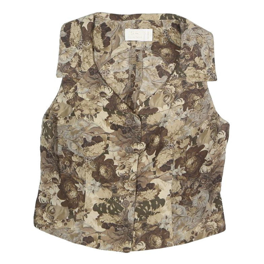ASAI Womens Beige Floral Print Vest Sleeveless Button Neck S Stylish Summer