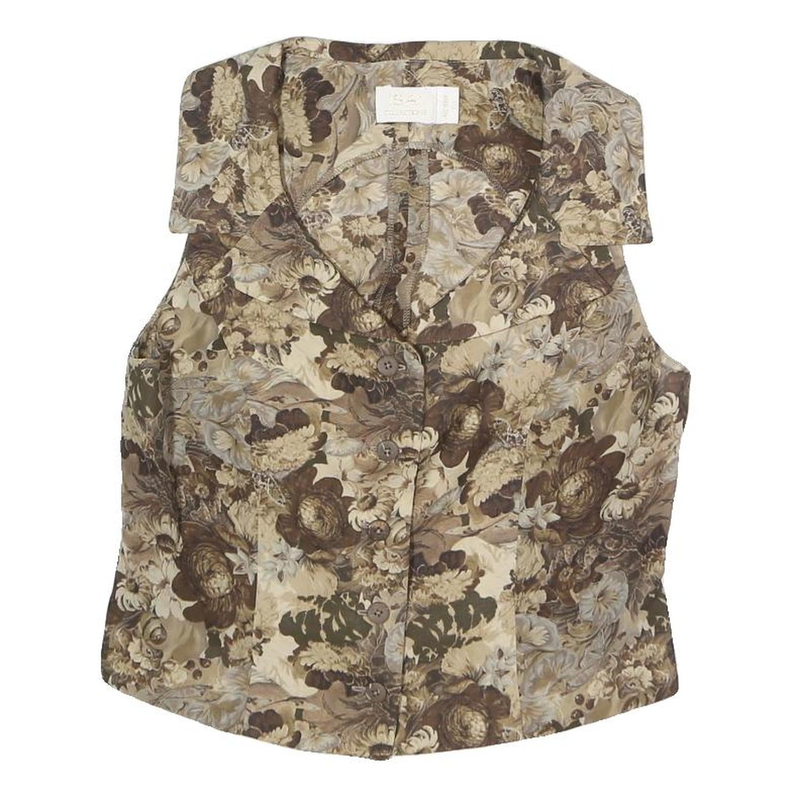 ASAI Womens Beige Floral Print Vest Sleeveless Button Neck S Stylish Summer