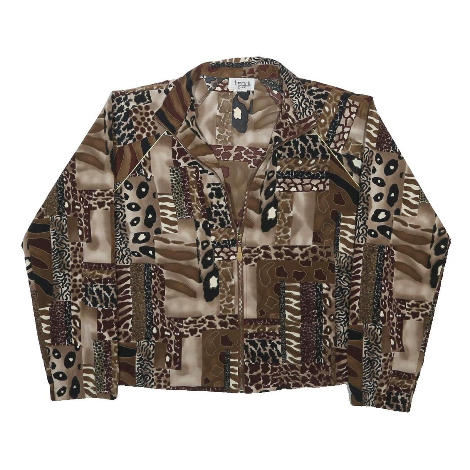 TEDDI Womens Brown Mixed Animal Print Zip Jacket M Polyester Blend Casual
