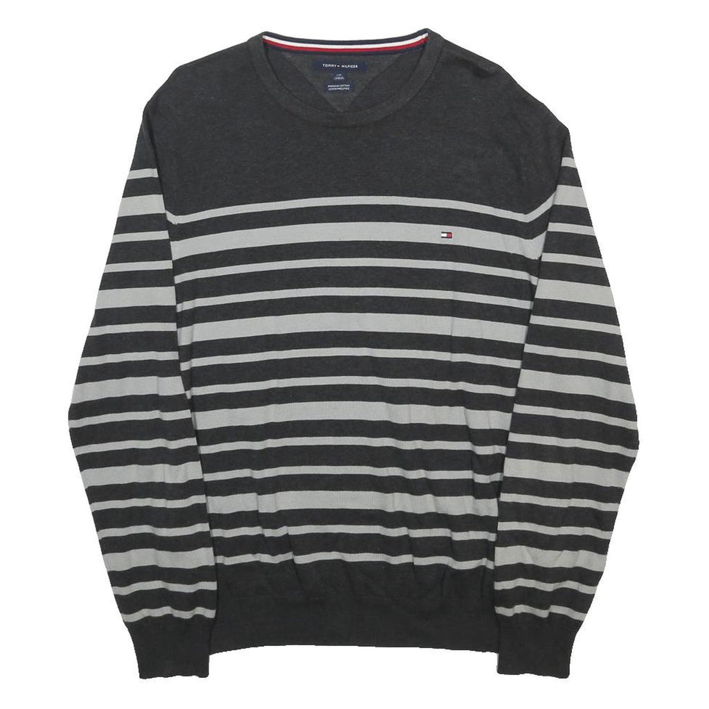 TOMMY HILFIGER Mens Grey & Light Grey Striped Pattern Crew Neck Basic Knit