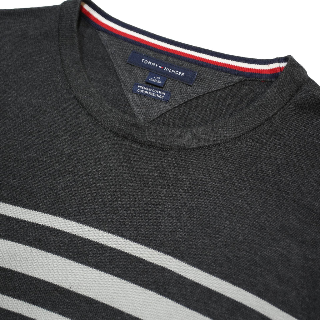 TOMMY HILFIGER Mens Grey & Light Grey Striped Pattern Crew Neck Basic Knit