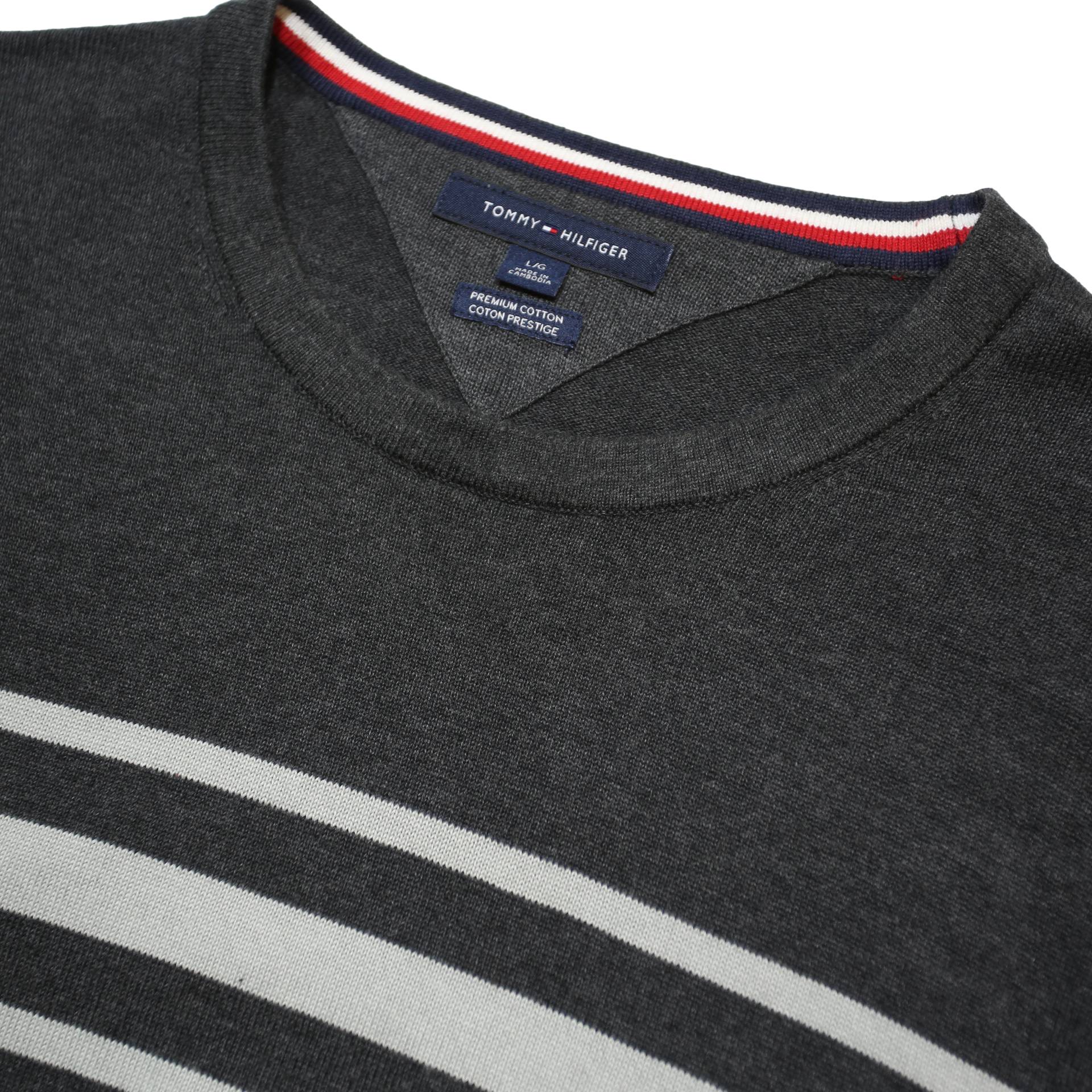 TOMMY HILFIGER Mens Grey & Light Grey Striped Pattern Crew Neck Basic Knit