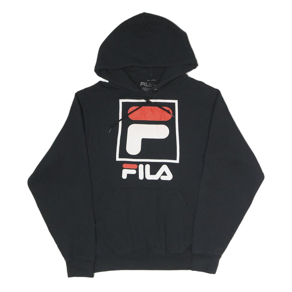 FILA Mens Black Cotton Blend Pullover Hoodie S Large Logo Print Comfort