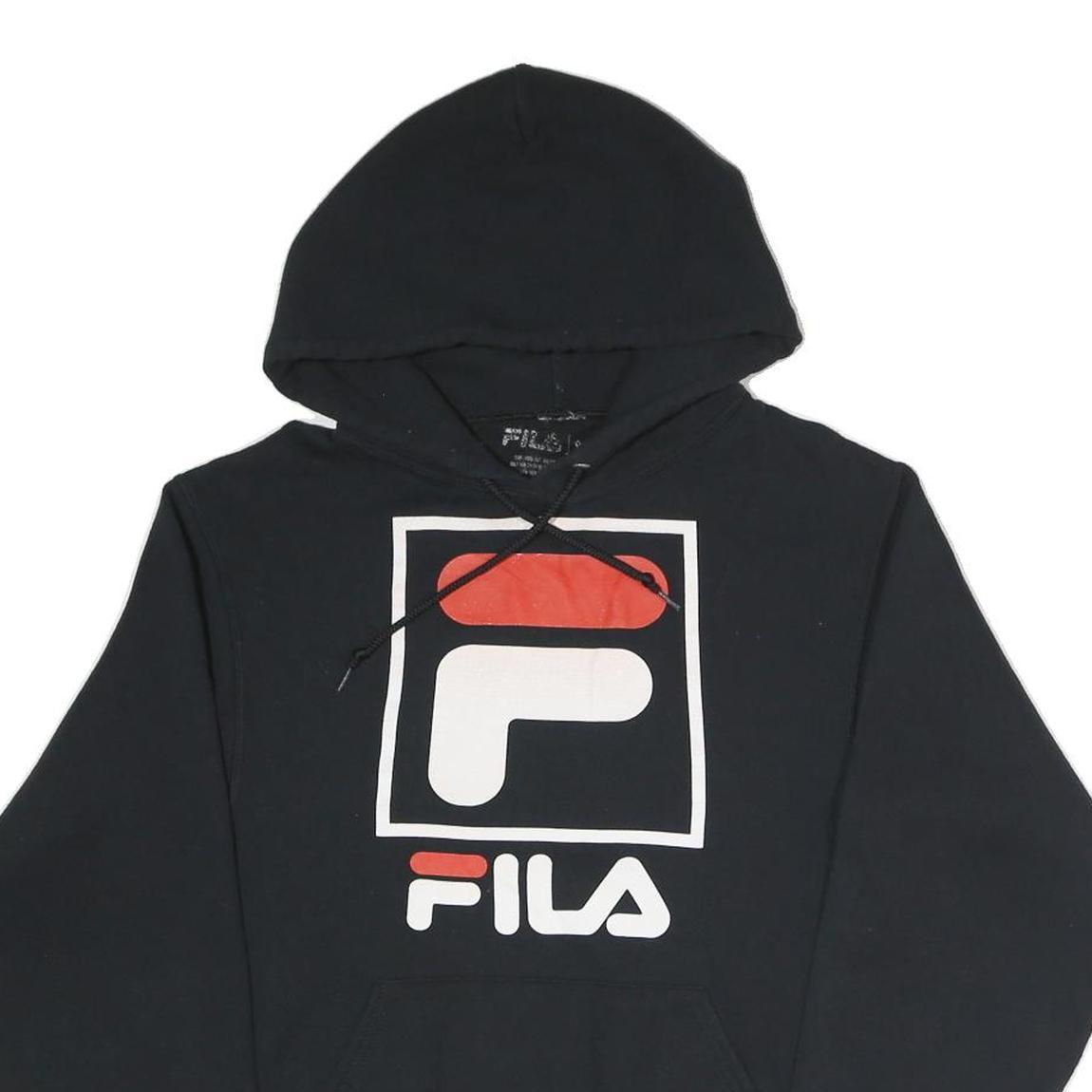 FILA Mens Black Cotton Blend Pullover Hoodie S Large Logo Print Comfort