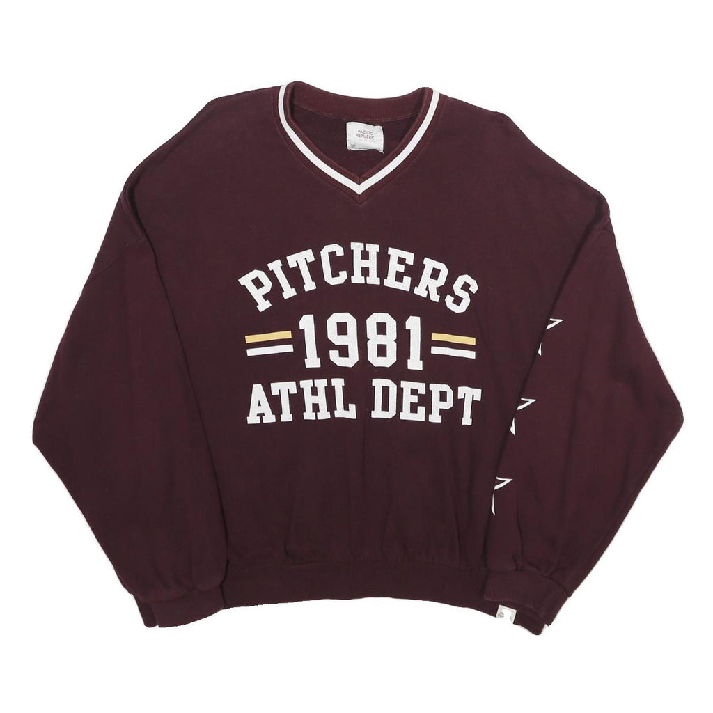 PULL & BEAR Womens Maroon V-Neck Pitchers 1981 Athletic Dept Sweatshirt M Casual