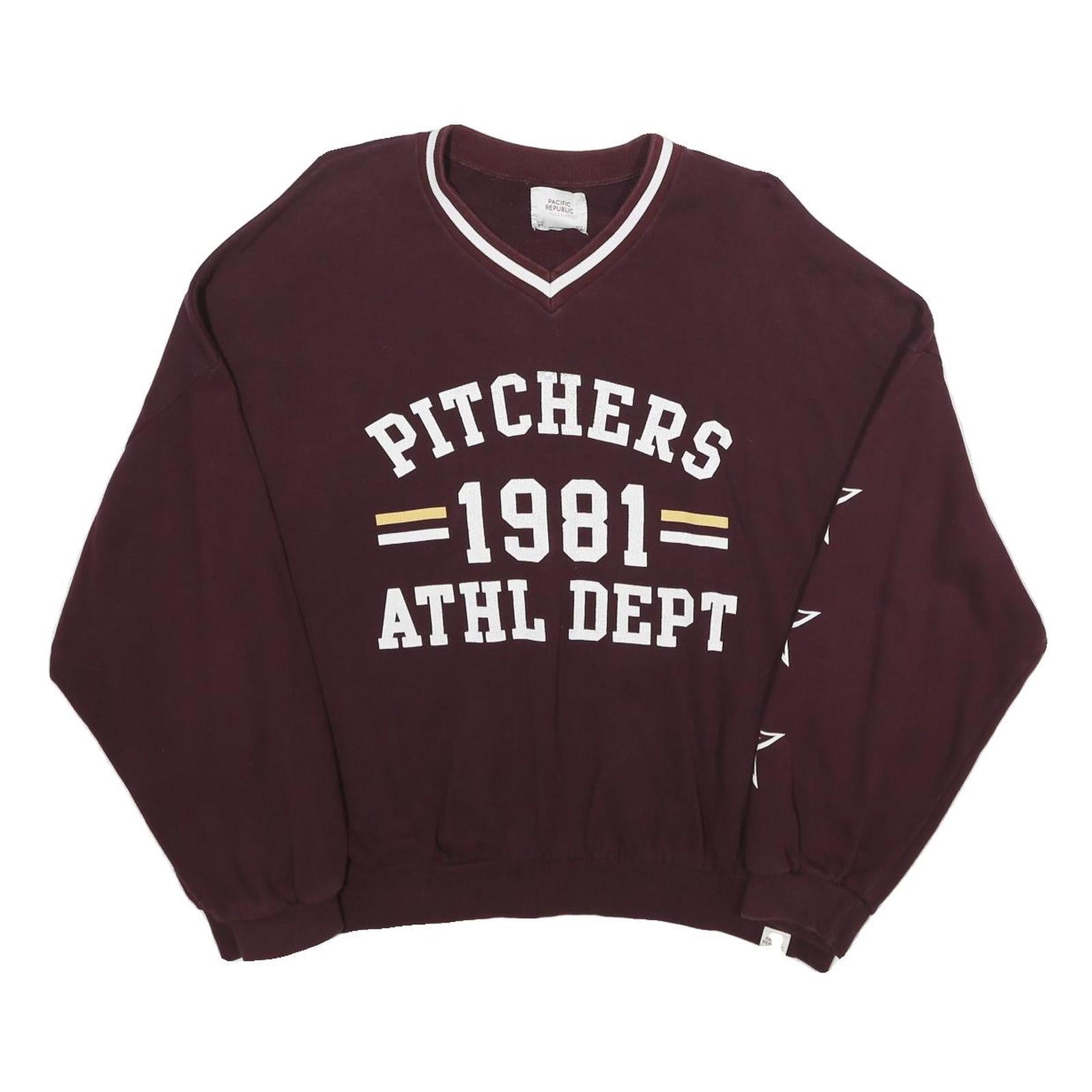 PULL & BEAR Womens Maroon V-Neck Pitchers 1981 Athletic Dept Sweatshirt M Casual