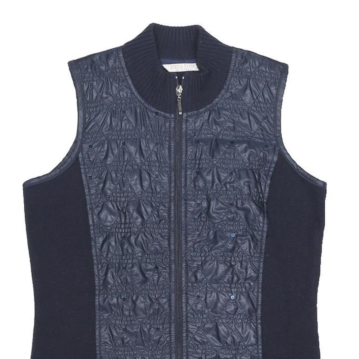 ANNA ROSE Womens Navy Quilted Acrylic Jacket S Zip Pockets Sleeveless Stylish