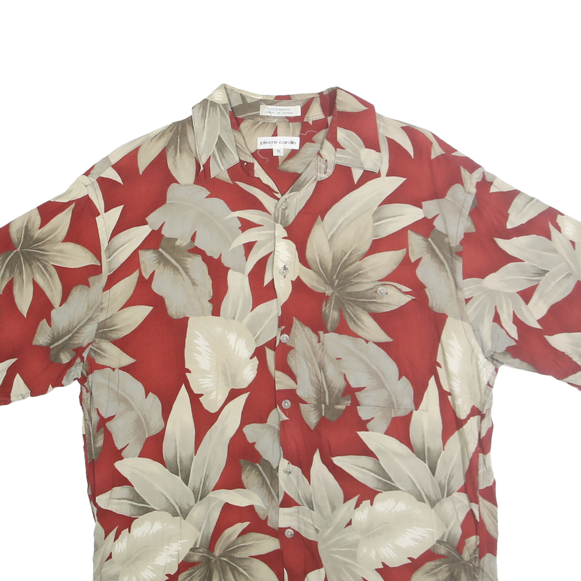 PIERRE CARDIN Mens Red & Beige Hawaiian Shirt M Rayon Short Sleeve Casual