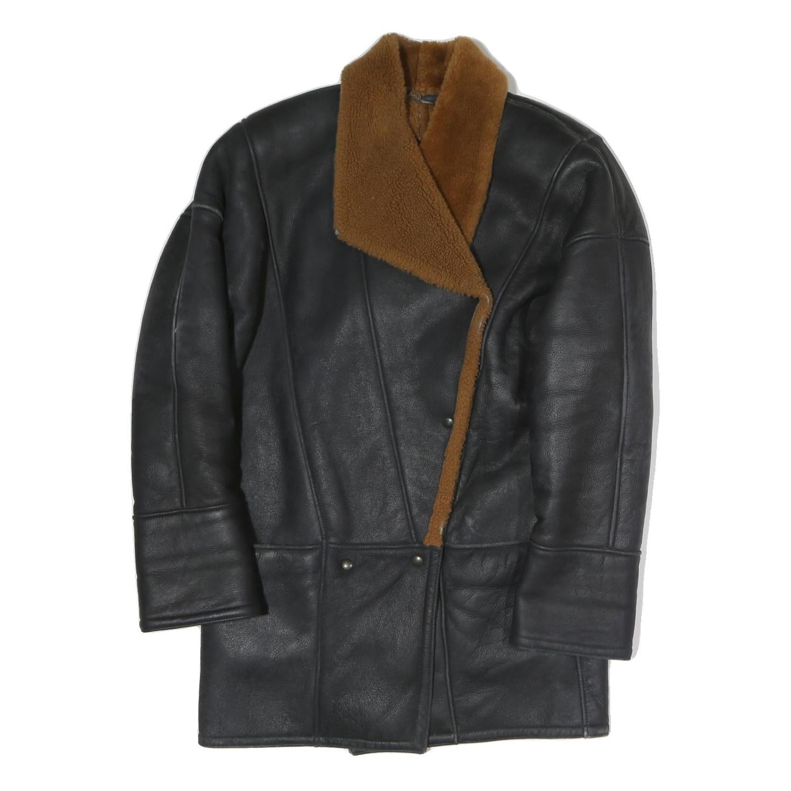 Womens Black & Brown Leather Button Jacket L Shearling Collar Relaxed Fit