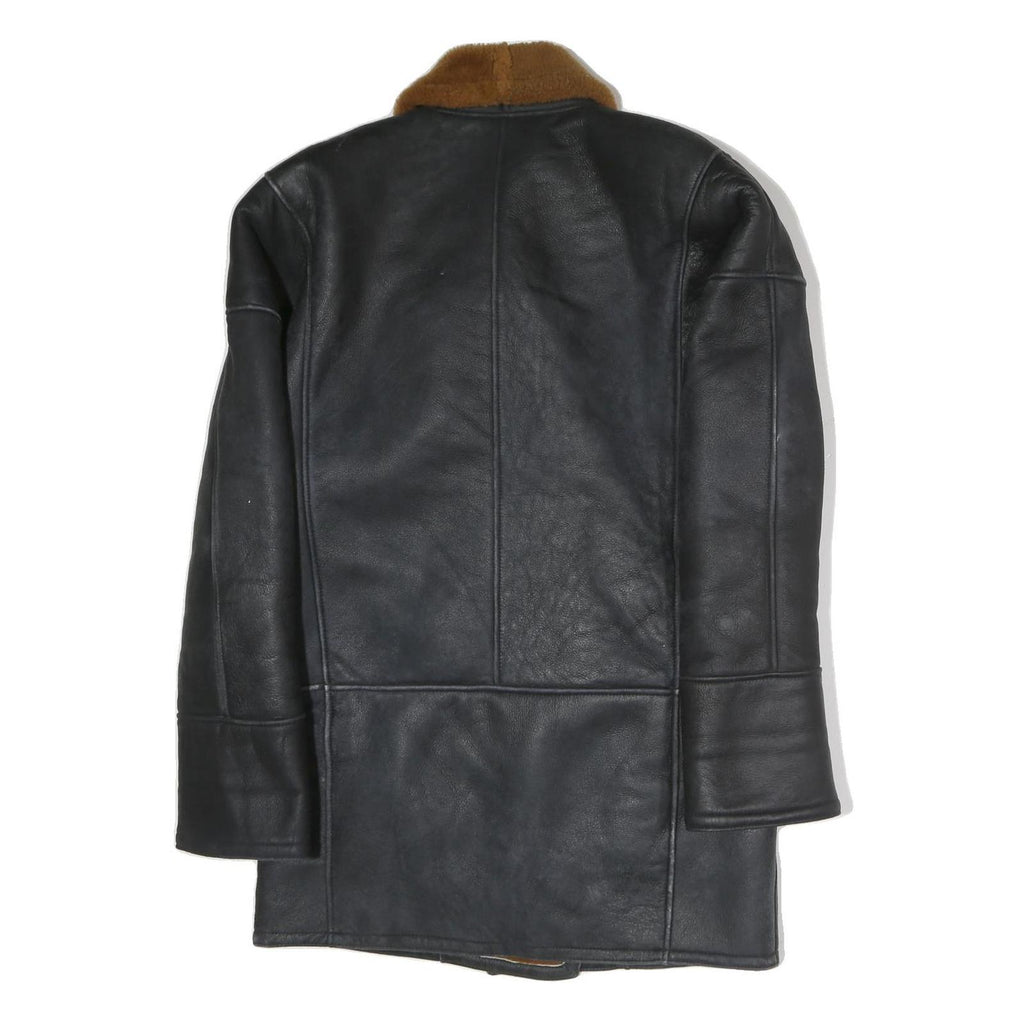 Womens Black & Brown Leather Button Jacket L Shearling Collar Relaxed Fit