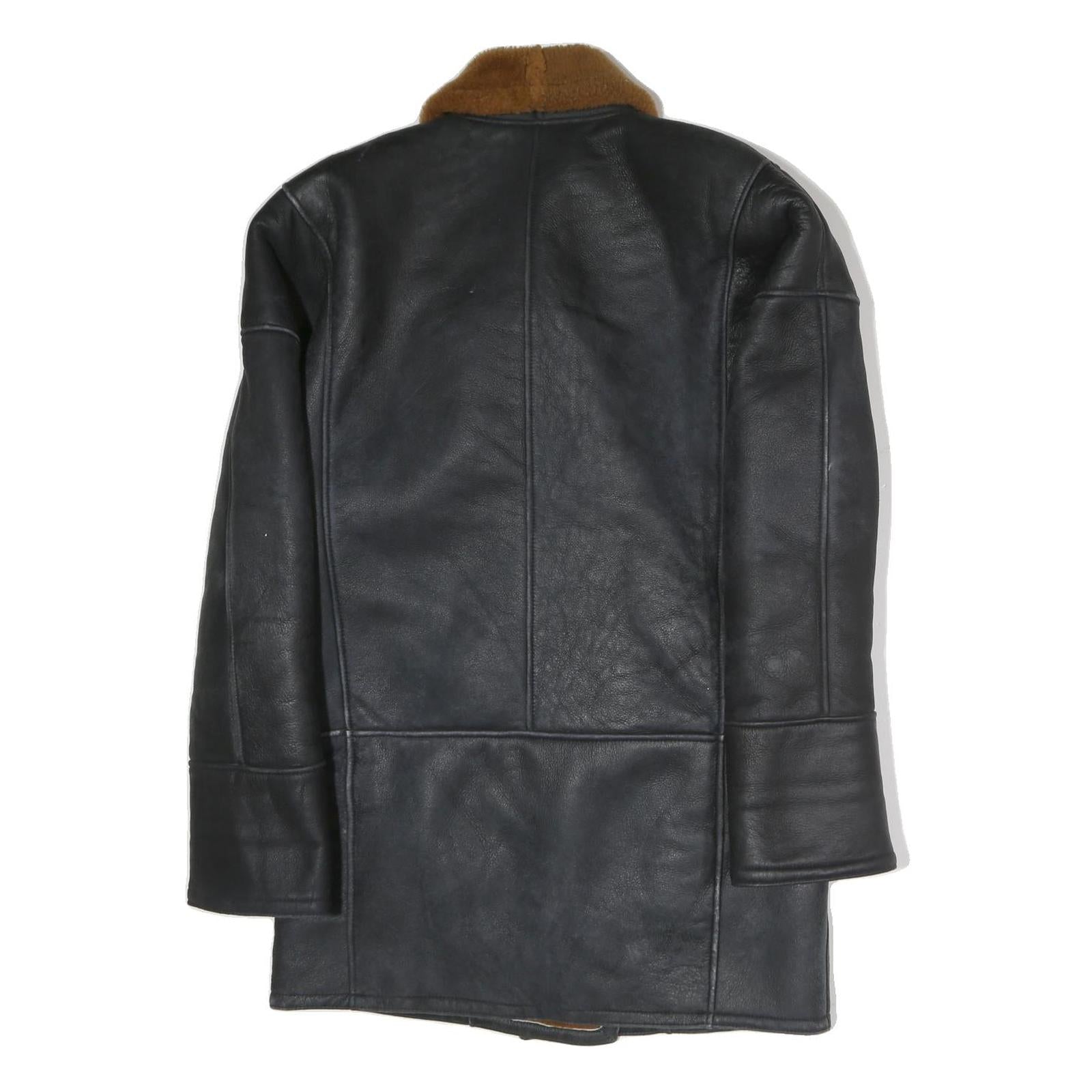 Womens Black & Brown Leather Button Jacket L Shearling Collar Relaxed Fit