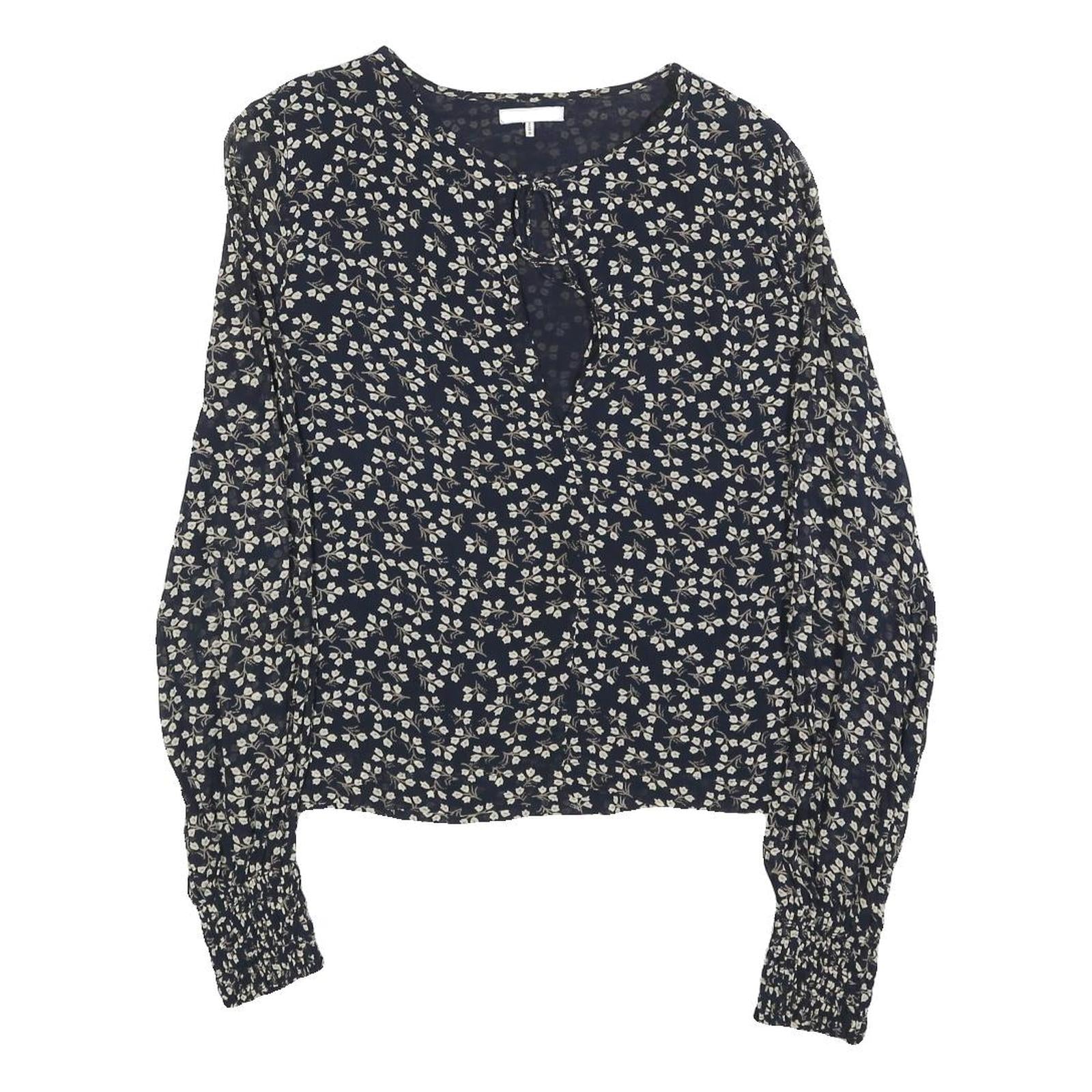 GANNI Womens Navy Blue Floral Printed Blouse Long Sleeve Round Neck M