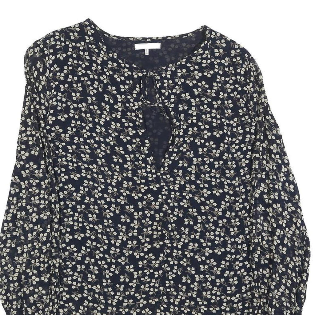 GANNI Womens Navy Blue Floral Printed Blouse Long Sleeve Round Neck M
