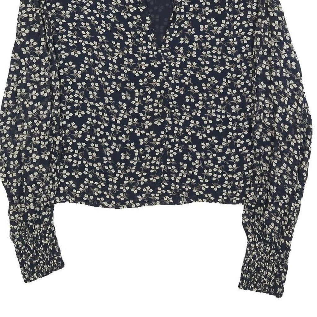 GANNI Womens Navy Blue Floral Printed Blouse Long Sleeve Round Neck M