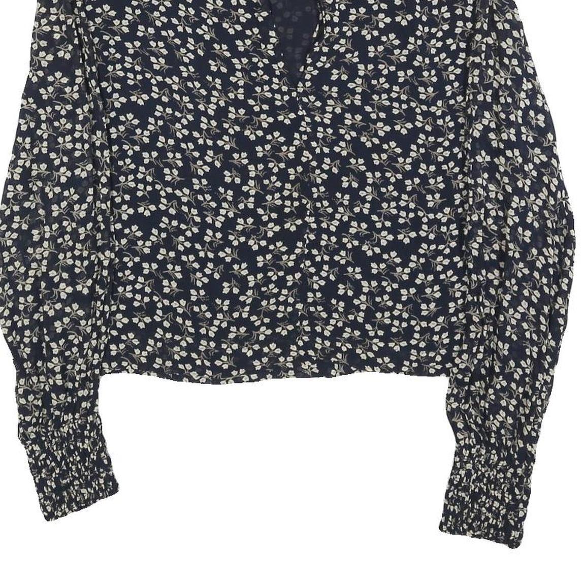 GANNI Womens Navy Blue Floral Printed Blouse Long Sleeve Round Neck M