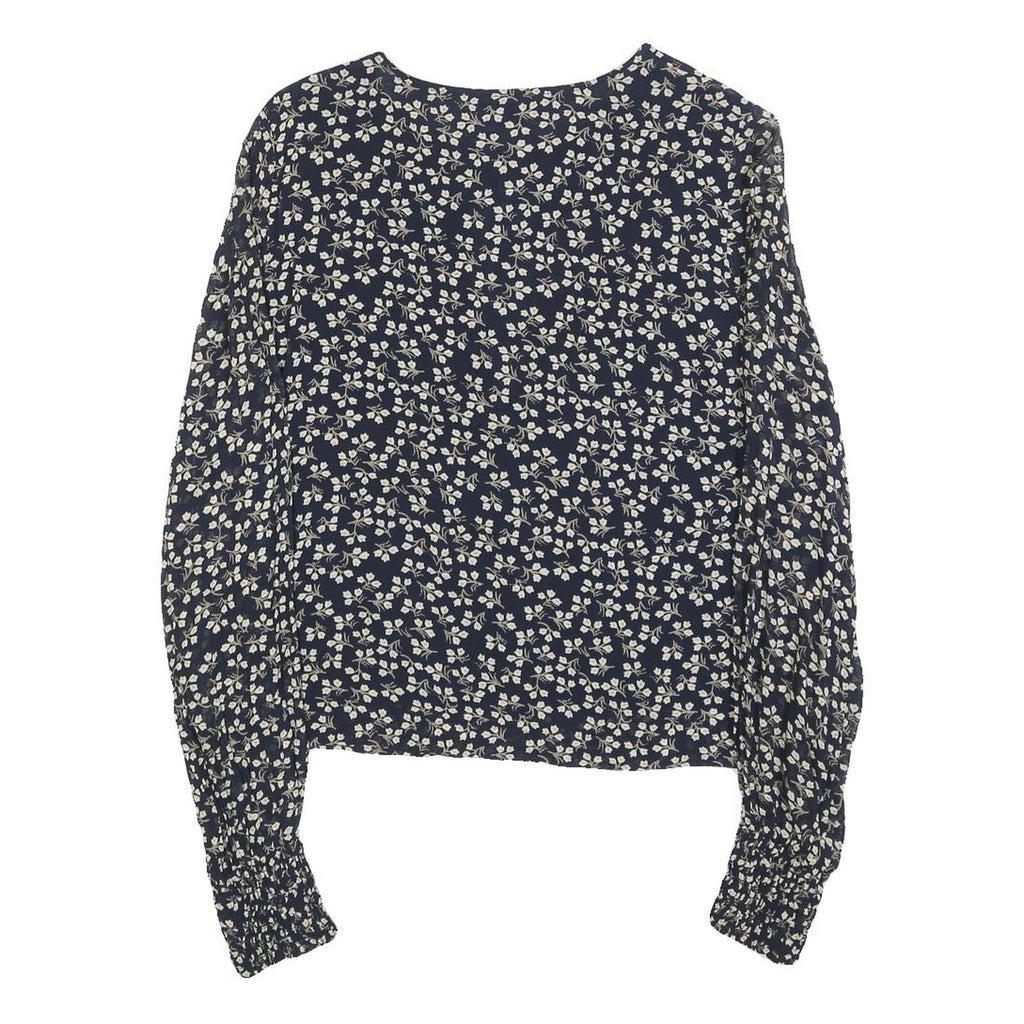 GANNI Womens Navy Blue Floral Printed Blouse Long Sleeve Round Neck M