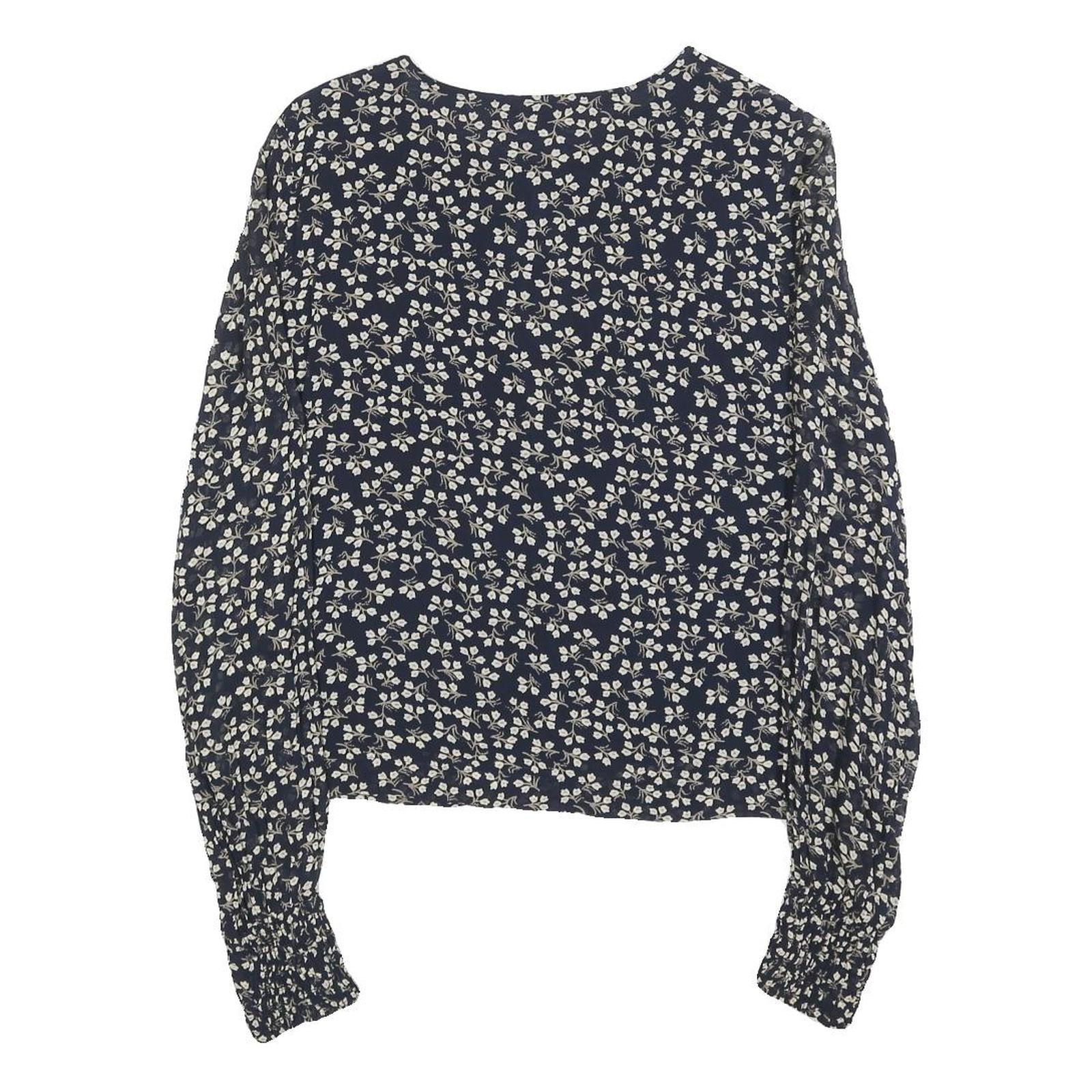 GANNI Womens Navy Blue Floral Printed Blouse Long Sleeve Round Neck M