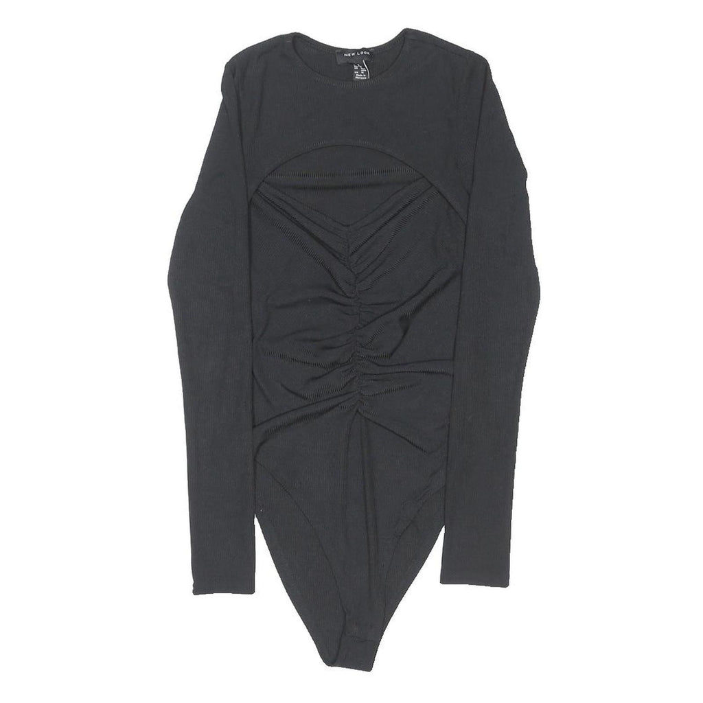 NEW LOOK Bodysuit Womens Black Top Long Sleeve Round Neck Ruched UK 8