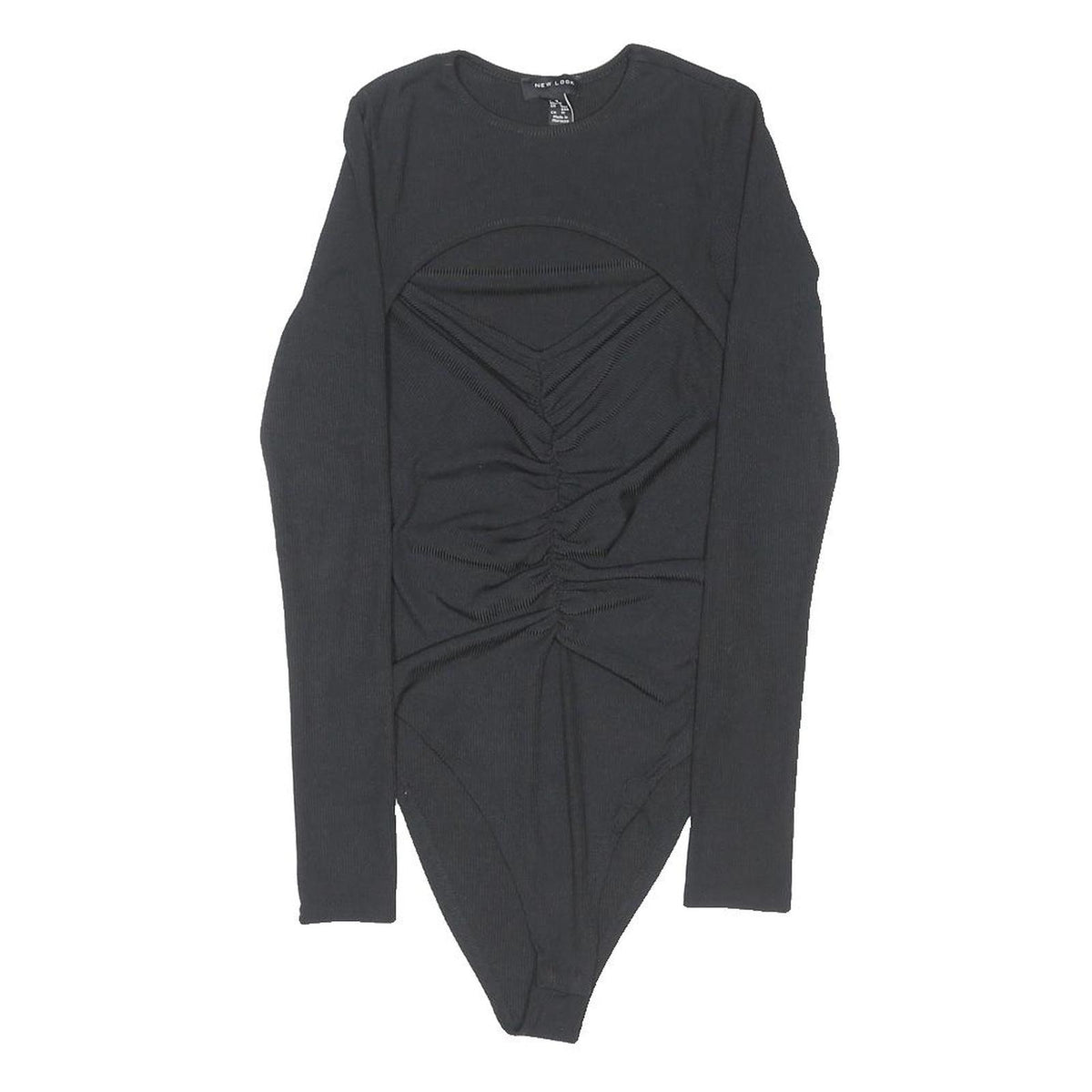 NEW LOOK Bodysuit Womens Black Top Long Sleeve Round Neck Ruched UK 8
