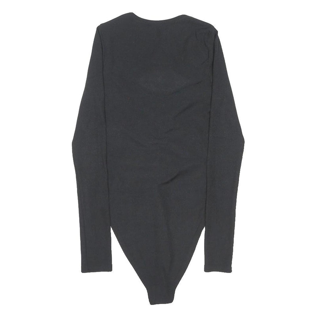 NEW LOOK Bodysuit Womens Black Top Long Sleeve Round Neck Ruched UK 8