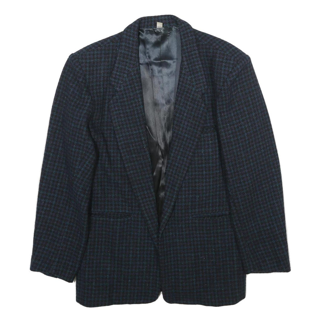 Mens Navy Blue Wool Check Tailored Jacket S Button Closure Classic Fit Wool