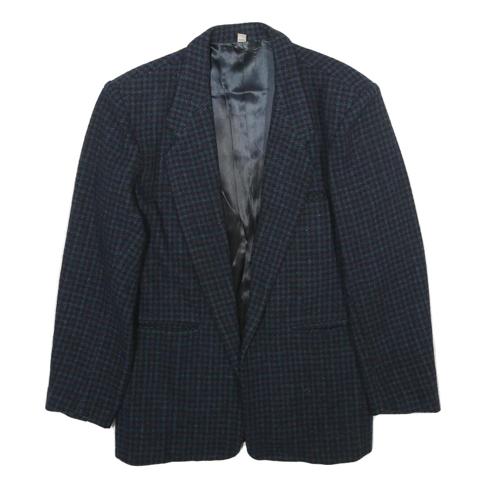 Mens Navy Blue Wool Check Tailored Jacket S Button Closure Classic Fit Wool