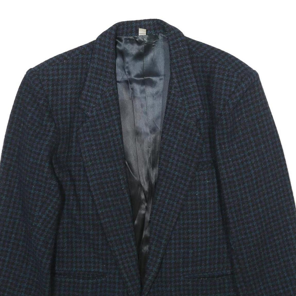 Mens Navy Blue Wool Check Tailored Jacket S Button Closure Classic Fit Wool
