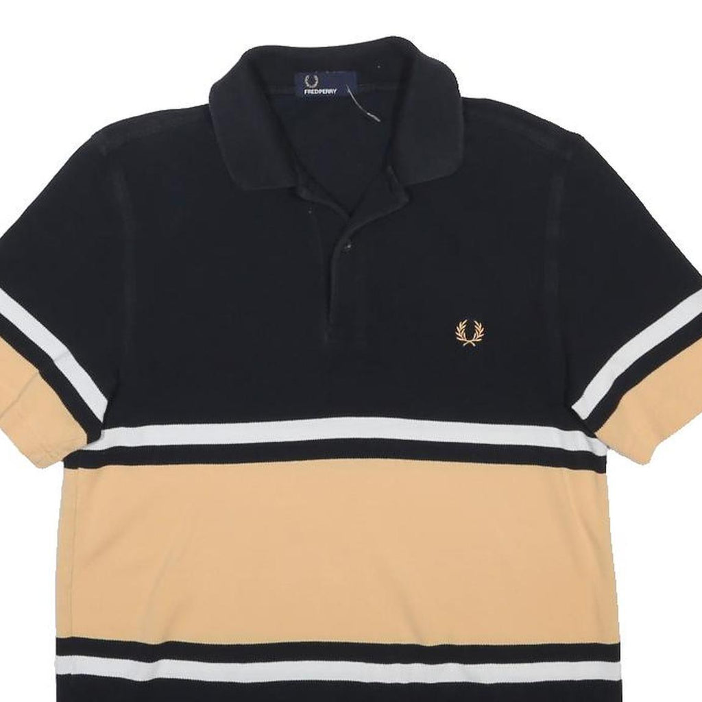 FRED PERRY Mens Black & Beige Stripe Short Sleeve Polo Shirt S Classic Cotton