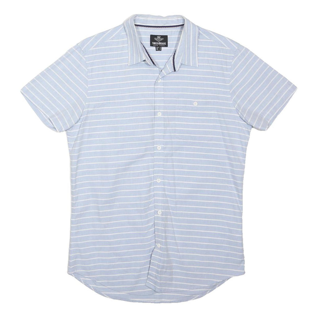 THREADBARE Mens Blue & White Striped Cotton Blend Shirt M Casual Summer Short