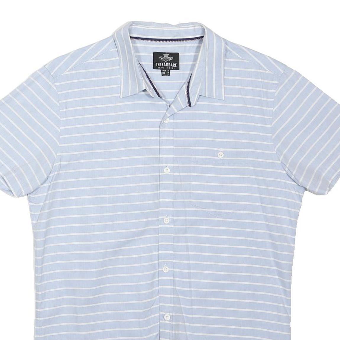 THREADBARE Mens Blue & White Striped Cotton Blend Shirt M Casual Summer Short