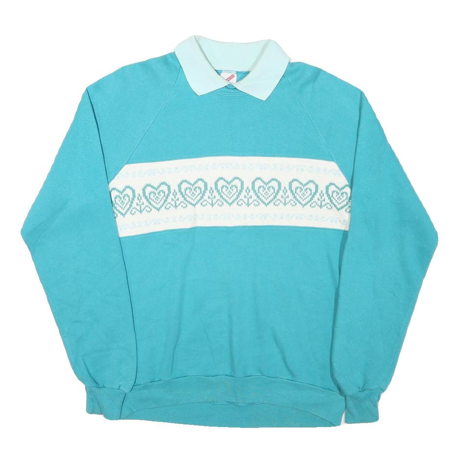 JERZEES Womens Blue & White Heart Pattern Collar L Casual Pullover Sweatshirt