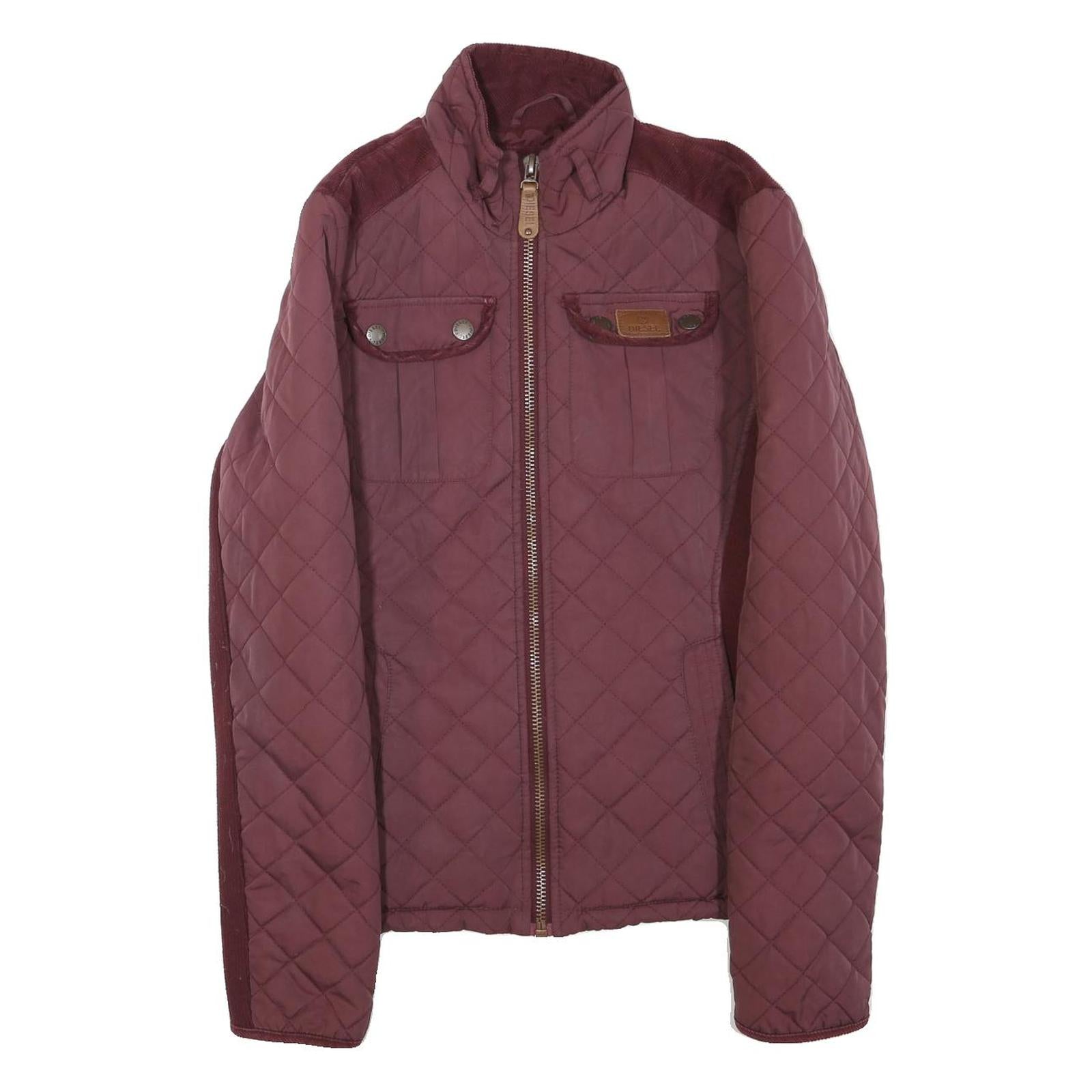 DIESEL Womens Maroon Quilted Jacket S Polyester Blend Zip Pockets