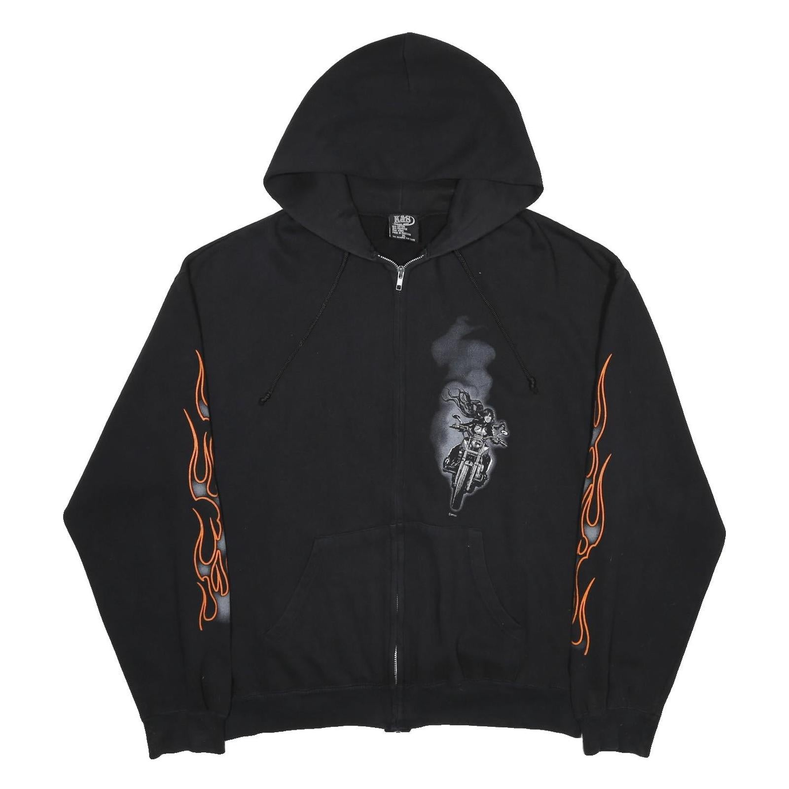 K&S Womens Black Motorcycle Print Full Zip Hoodie XL Flame Sleeve Graphic