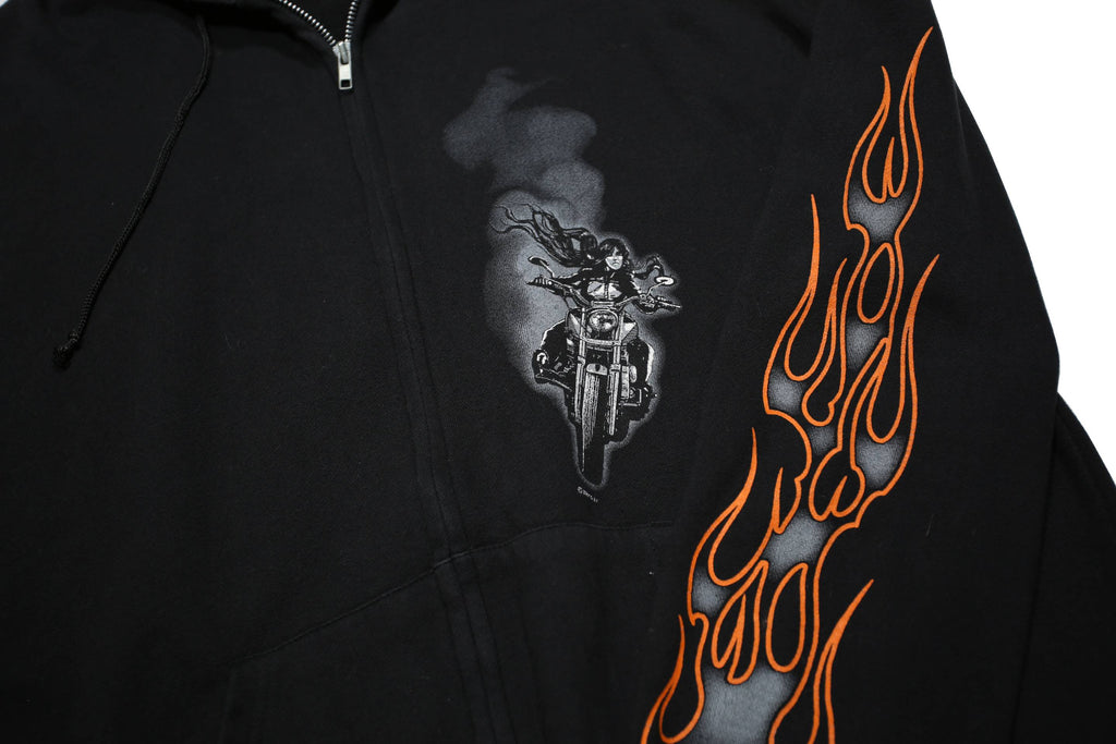 K&S Womens Black Motorcycle Print Full Zip Hoodie XL Flame Sleeve Graphic