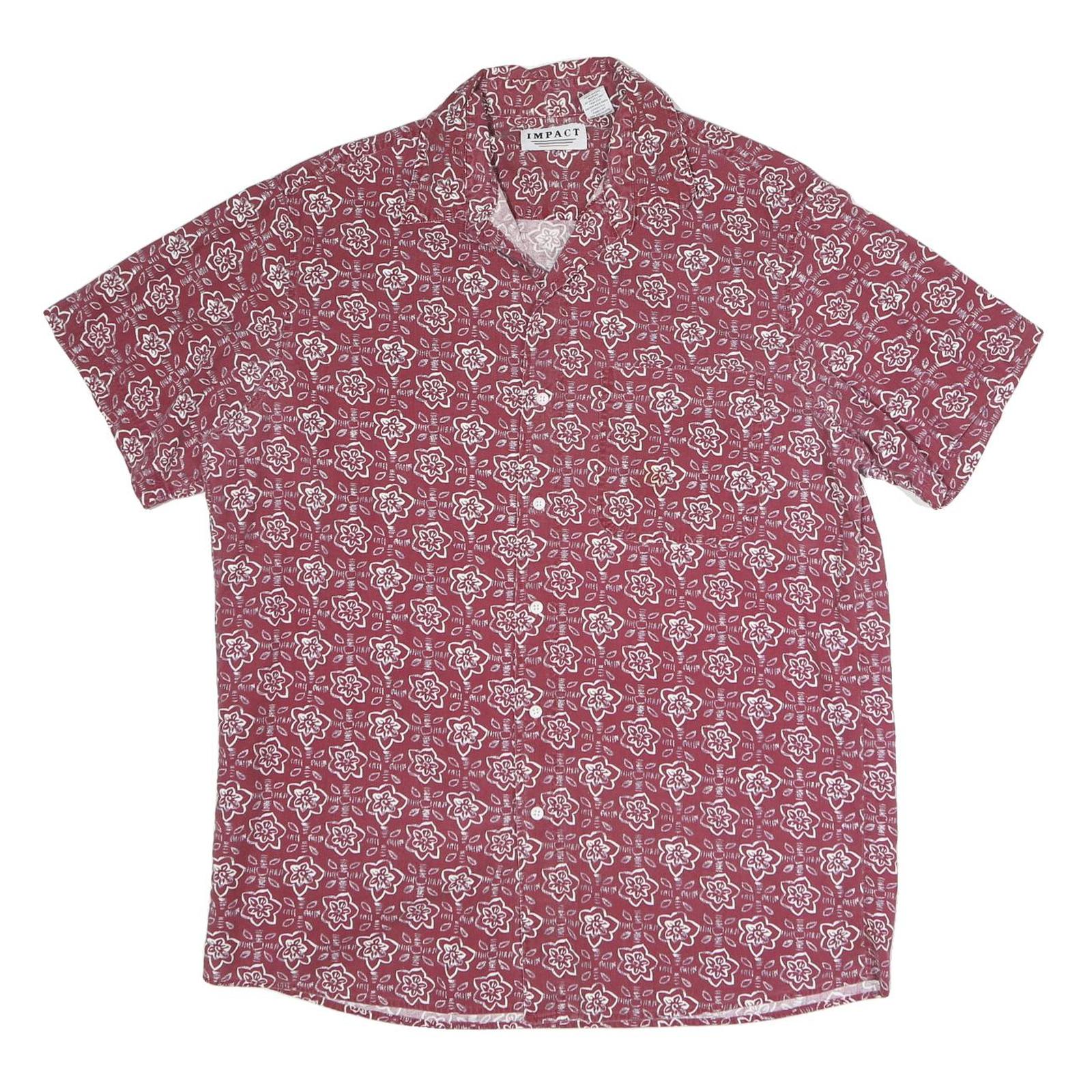 IMPACT Mens Red Floral Print Cotton Shirt L Short Sleeve Casual Summer