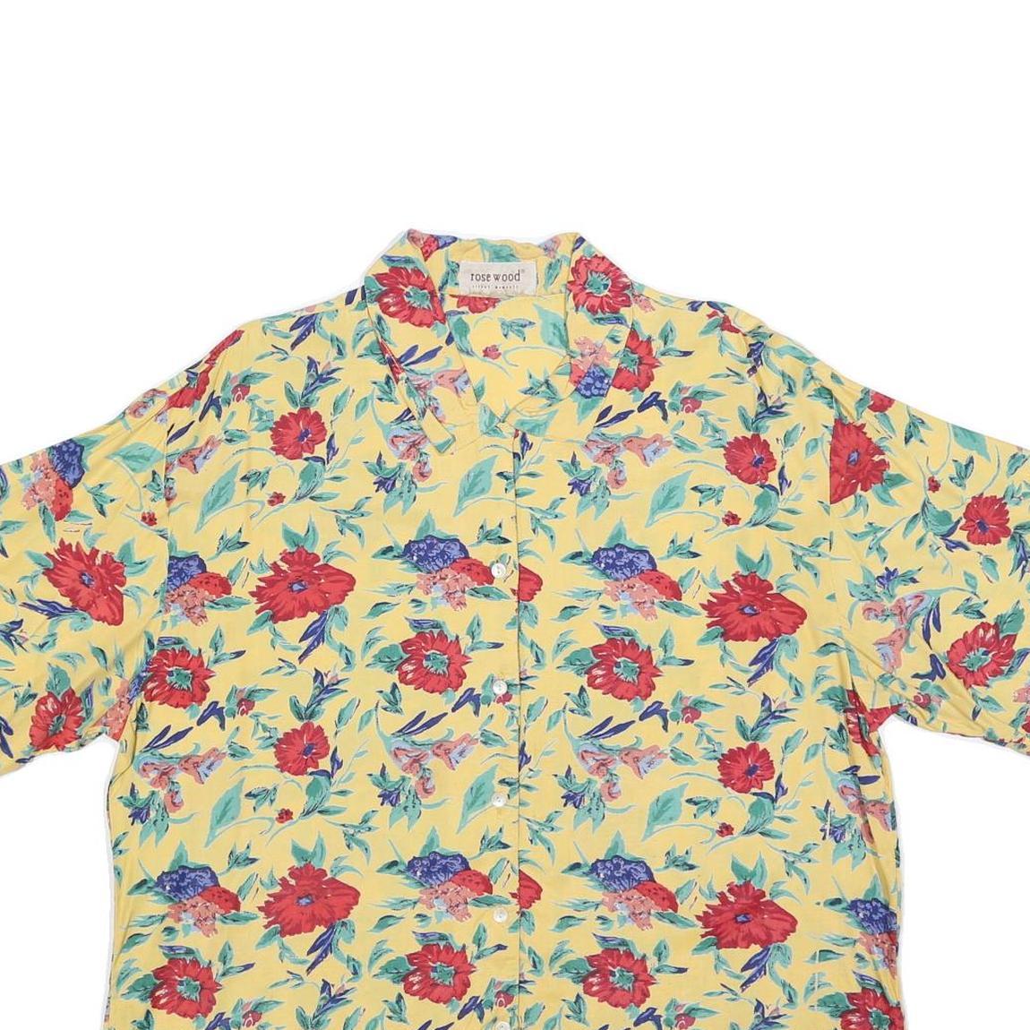 ROSEWOOD Womens Yellow Floral Printed Shirt Short Sleeve Collar L Floral Print