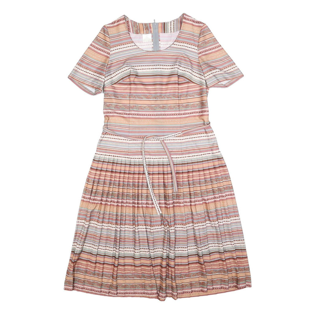Womens Beige Pink Stripe Day Dress Polyester Blend Short Sleeve Knee Length UK L