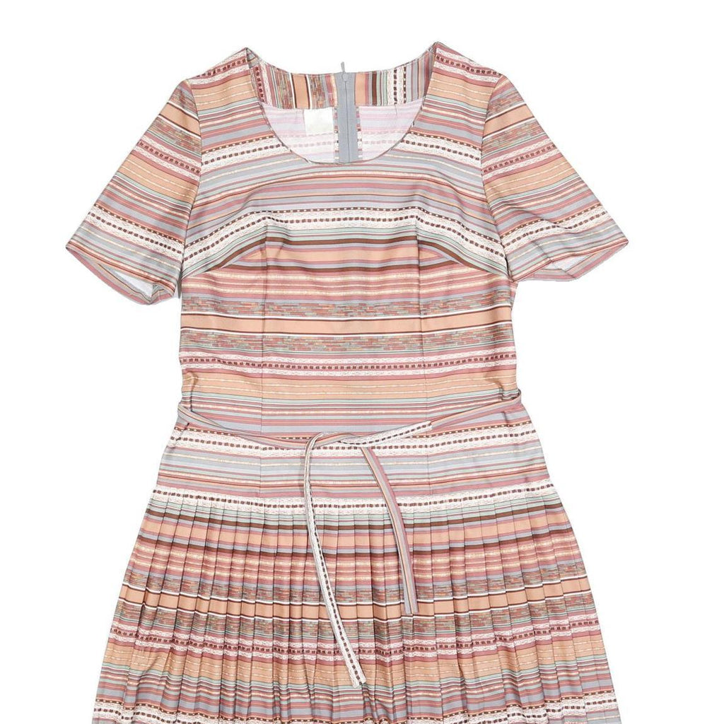 Womens Beige Pink Stripe Day Dress Polyester Blend Short Sleeve Knee Length UK L