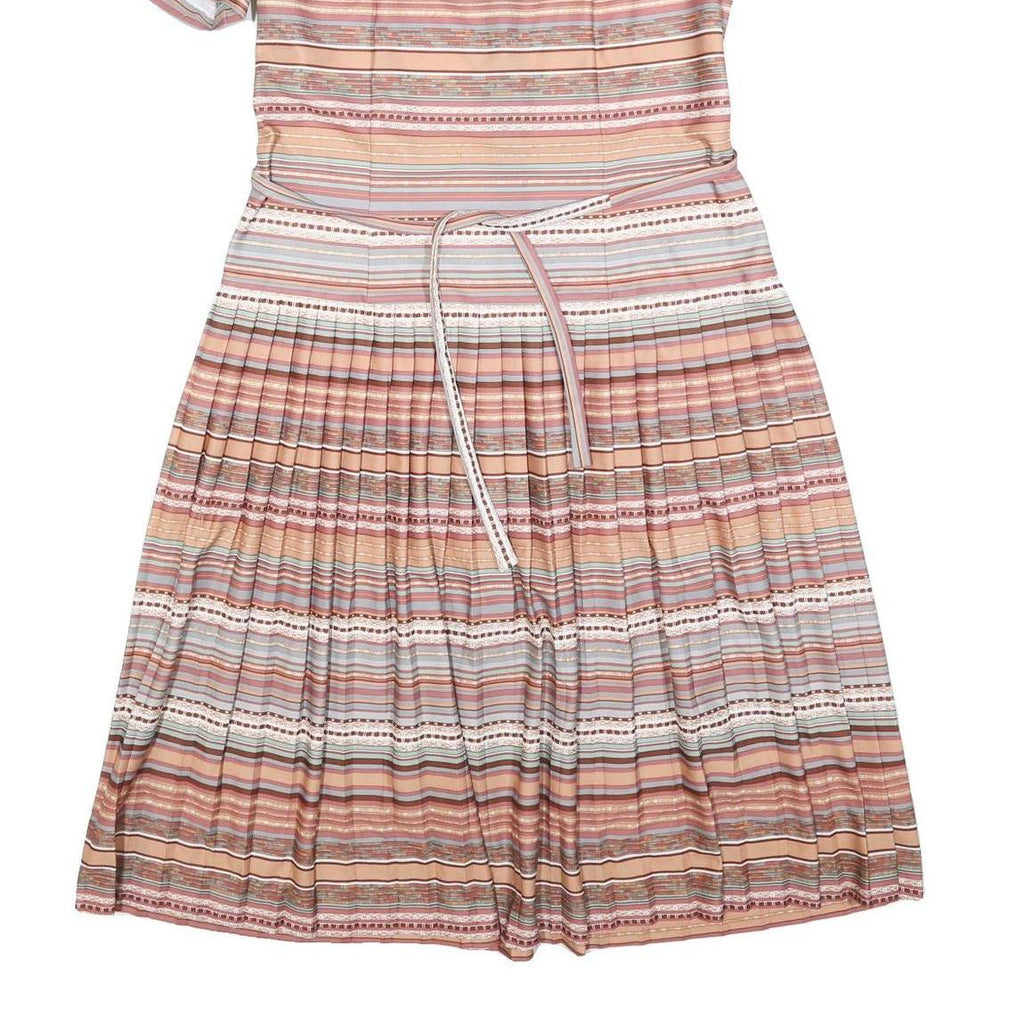 Womens Beige Pink Stripe Day Dress Polyester Blend Short Sleeve Knee Length UK L
