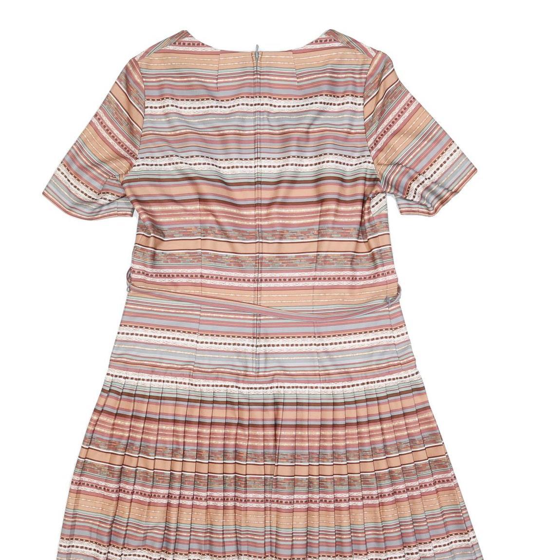 Womens Beige Pink Stripe Day Dress Polyester Blend Short Sleeve Knee Length UK L
