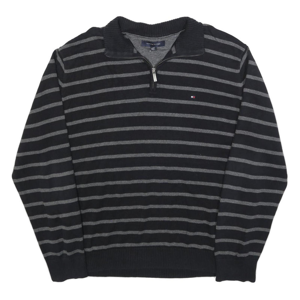 TOMMY HILFIGER Mens Black & Grey Striped Pattern Pullover Stripe Crew Knit XL
