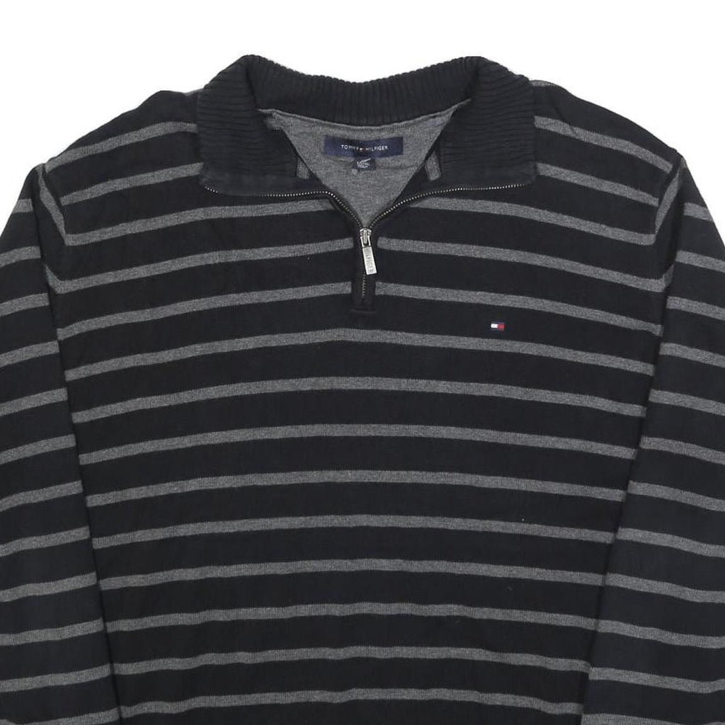 TOMMY HILFIGER Mens Black & Grey Striped Pattern Pullover Stripe Crew Knit XL