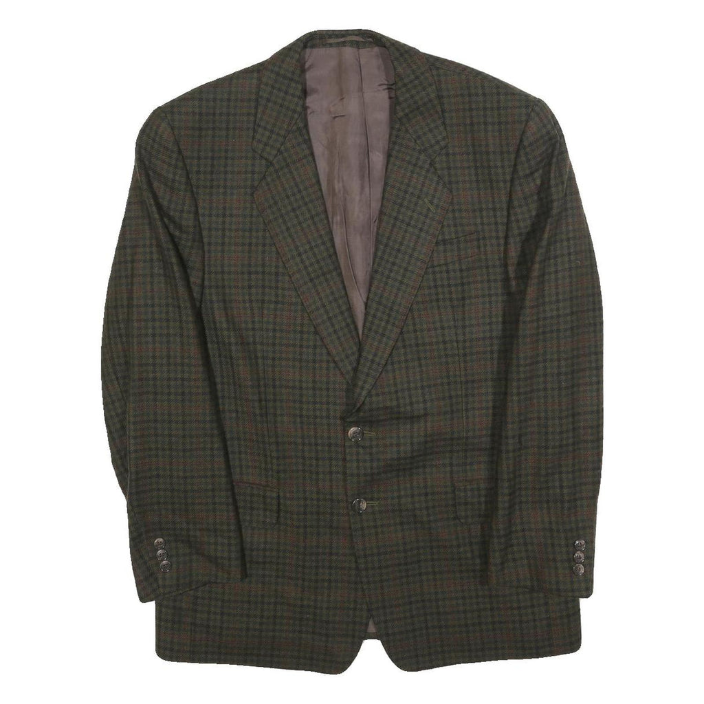 Mens Green Brown Check Wool Blend Classic Jacket M Woven Button Closure