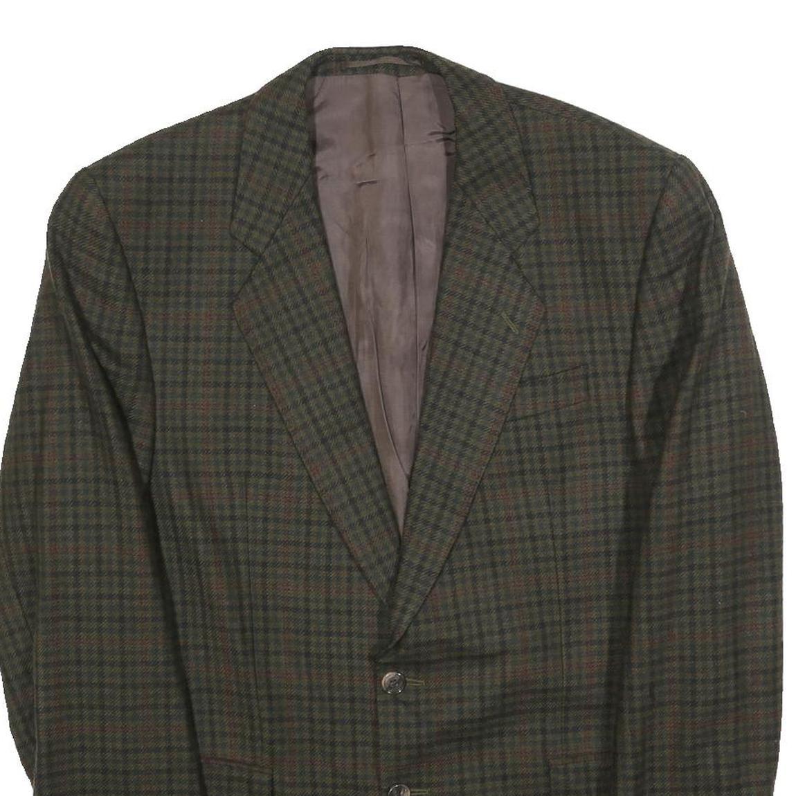 Mens Green Brown Check Wool Blend Classic Jacket M Woven Button Closure