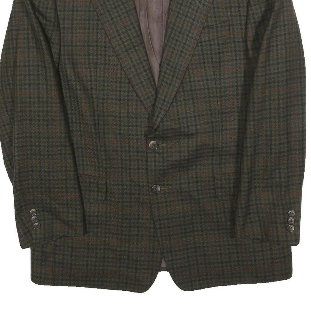 Mens Green Brown Check Wool Blend Classic Jacket M Woven Button Closure