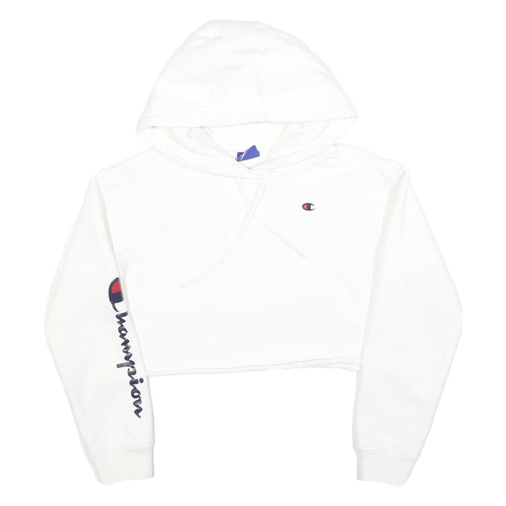 CHAMPION Womens White Crop Hoodie XS Champion Logo Sleeve Casual