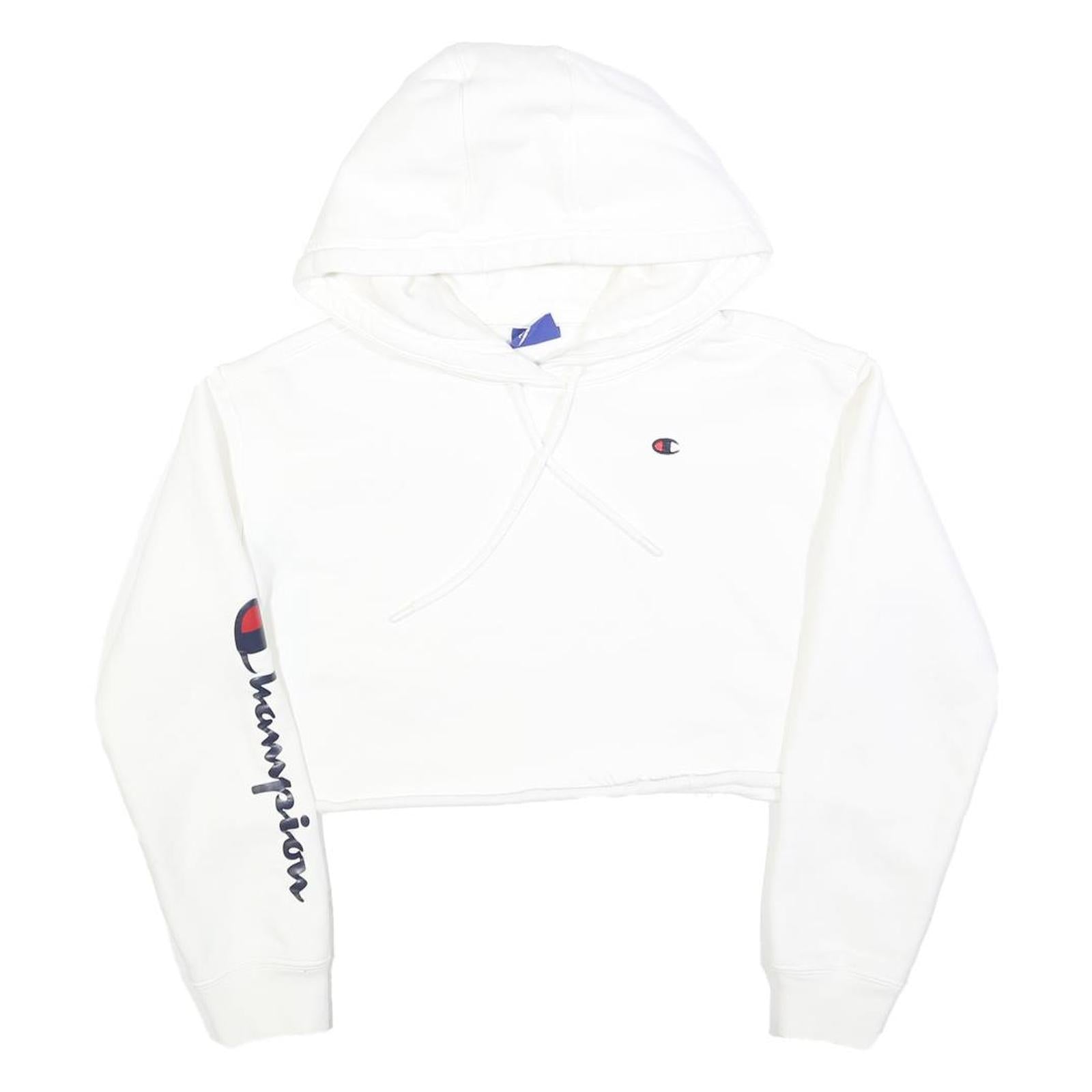 CHAMPION Womens White Crop Hoodie XS Champion Logo Sleeve Casual