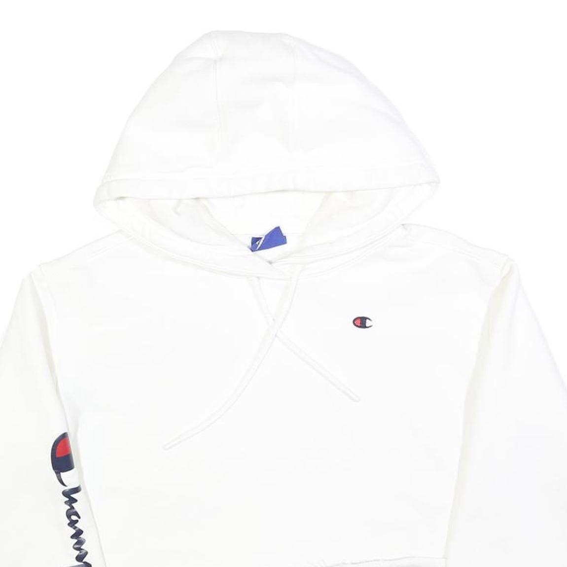 CHAMPION Womens White Crop Hoodie XS Champion Logo Sleeve Casual